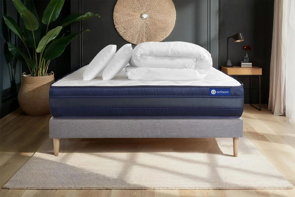 Pacchetto letto completo - Materasso 140x190cm + Box spring con doghe (kit) + 2 cuscini + Piumino - Actimemo Tech
