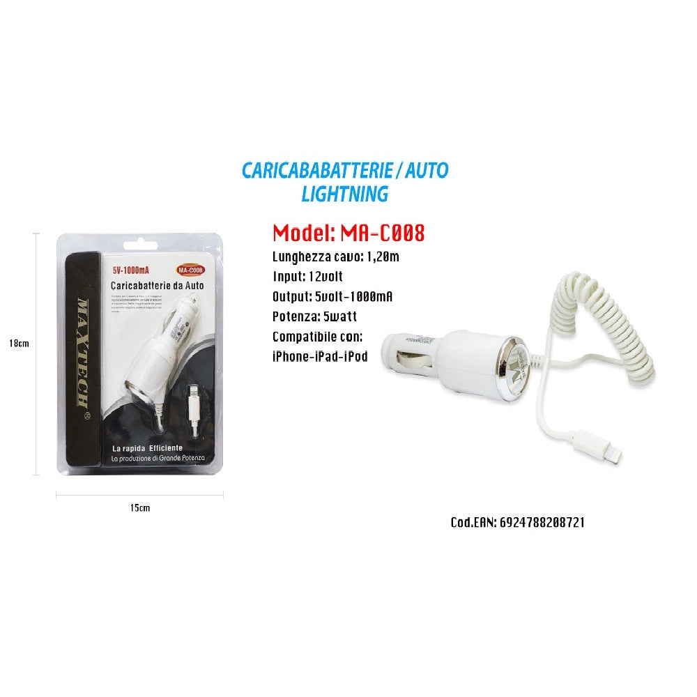 Trade Shop - Caricabatterie Da Auto Maxtech Usb Cellulare Smartphone 5v-1000ma Ma-c008 -