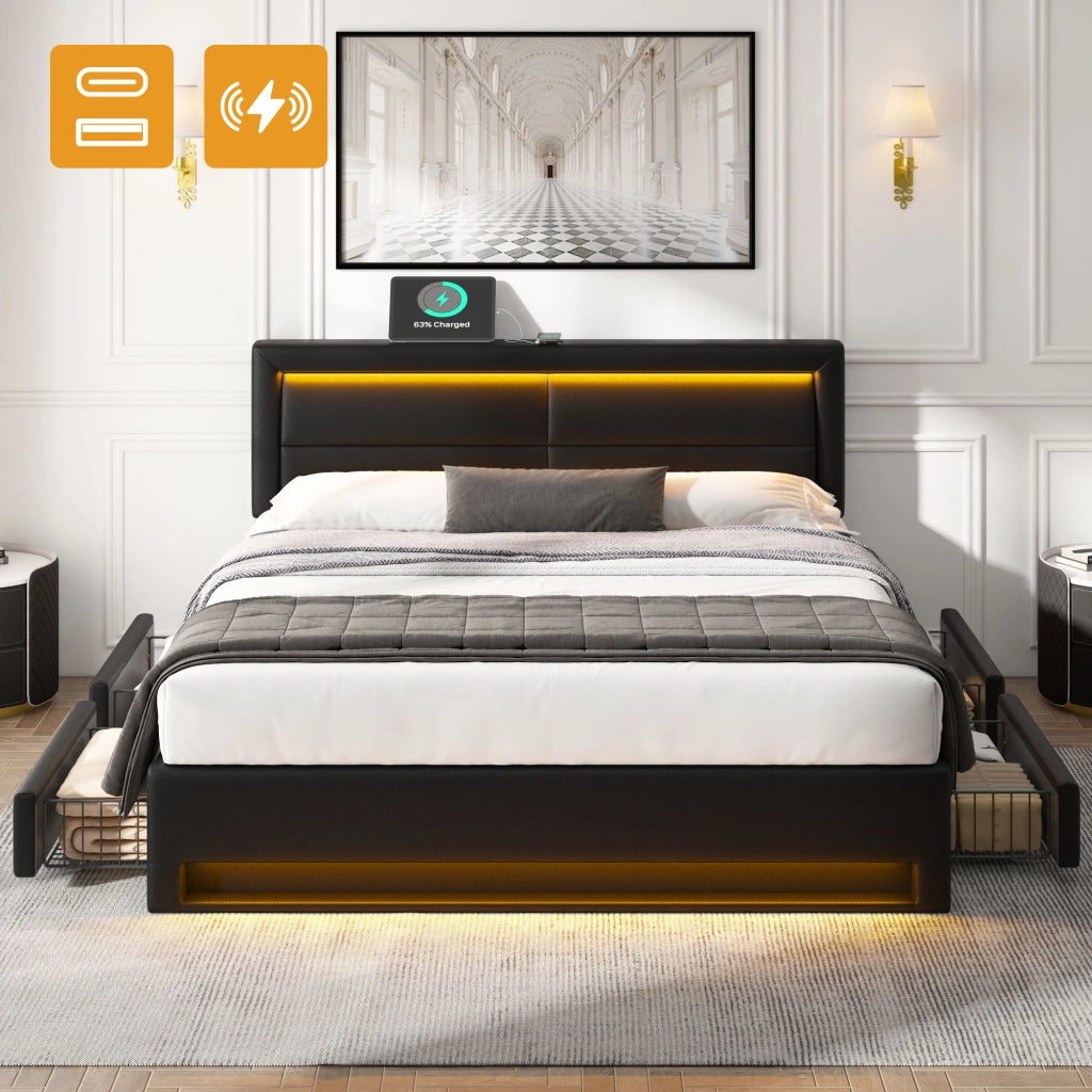 LETTO imbottito 140x200 cm PU nero con USB, LED e 4 cassetti
