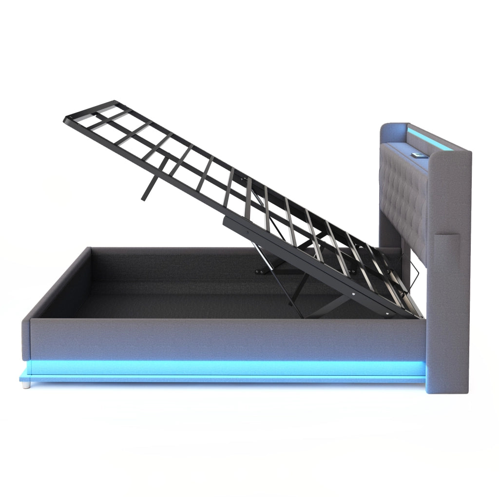 Letto imbottito 140x200 cm; luci LED multicolore e USB; tessuto grigio