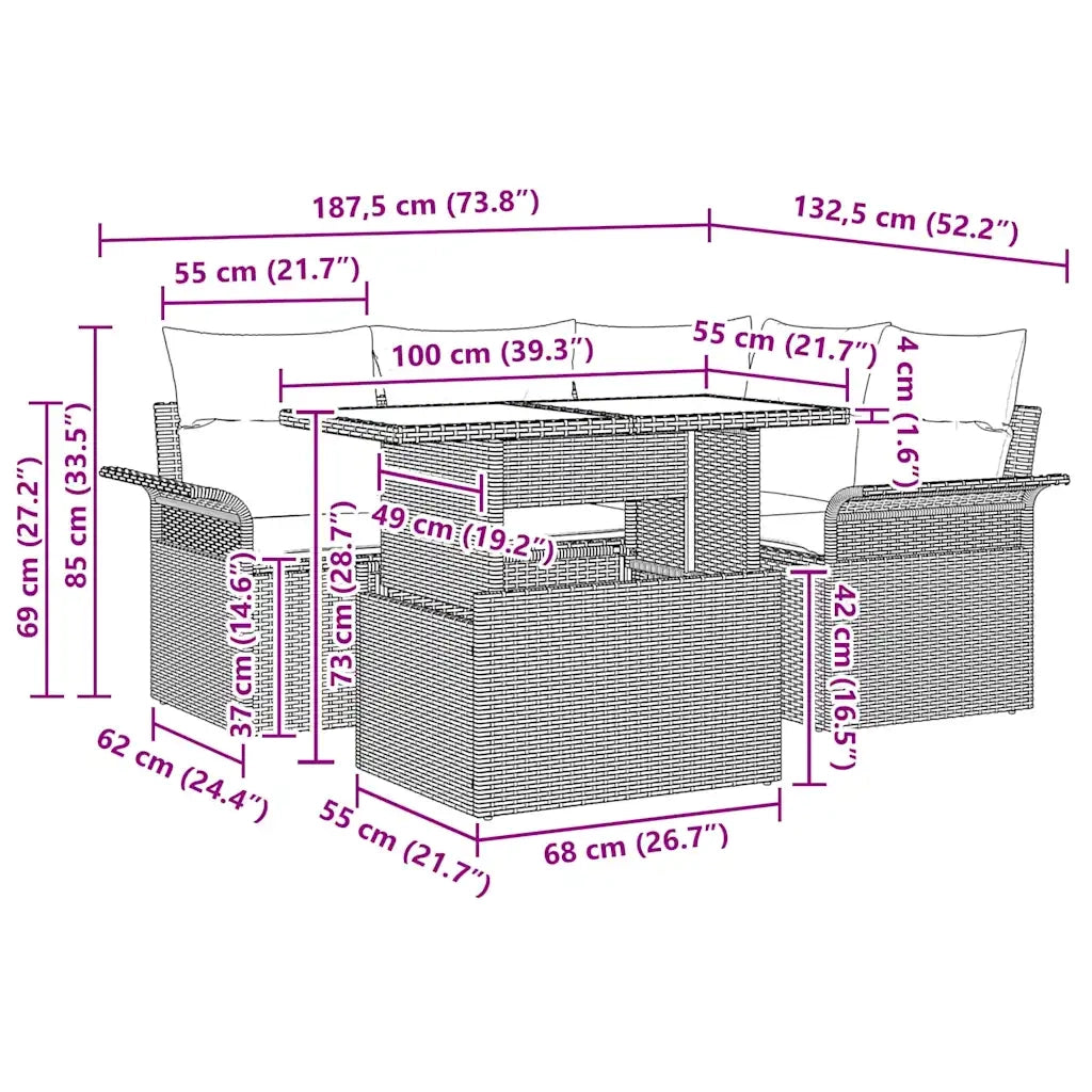 Set Divano da Giardino 5 pcs Nero Rattan in Polipropilene 3357016