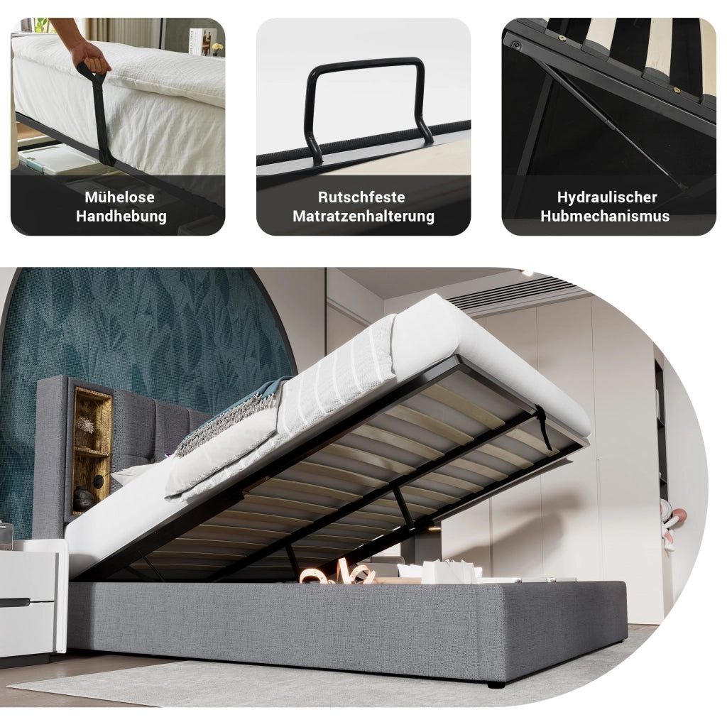 LETTO Imbottito 140x200 cm Cotone Grigio con ricarica wireless USB e Type-C