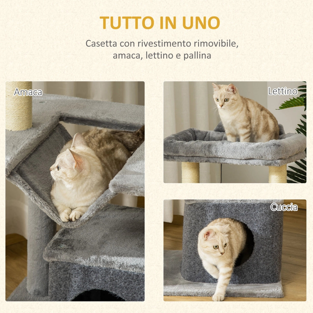 Tiragraffi per Gatti con Casetta e Amaca ¨C Minimal ¨C Grigio 100cm