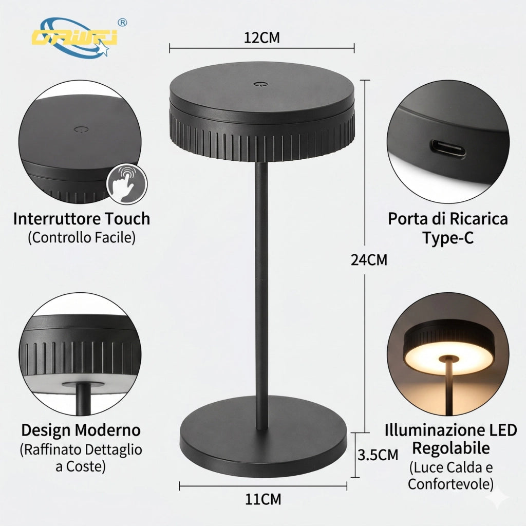 LAMPADA DA TAVOLO LED RICARICABILE TOUCH USB 2000MAH DESIGN MODERNO NERO LPT146