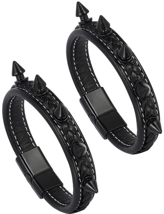 Bracciali in stile punk a due pezzi - con punte e fori in PU - 21 cm di lunghezza
