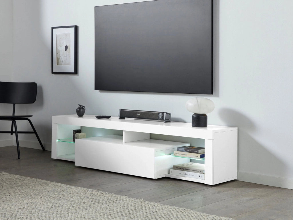 Mobile Tv 1 Anta a Ribalta e Ripiani a Giorno 160x40x35 cm Essential 1R Bianco Lucido