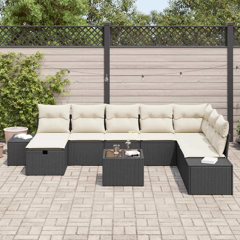 Set Divano da Giardino con cuscino 9 pcs Nero polyrattan