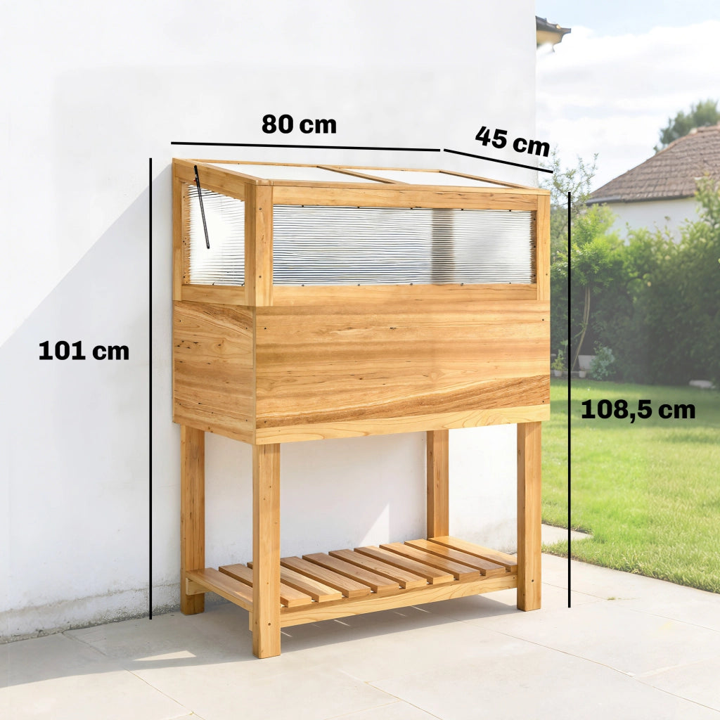 Orto rialzato in legno con serra ¨C Xylo ¨C 120x80x78 cm con copertura apribile e ripiani