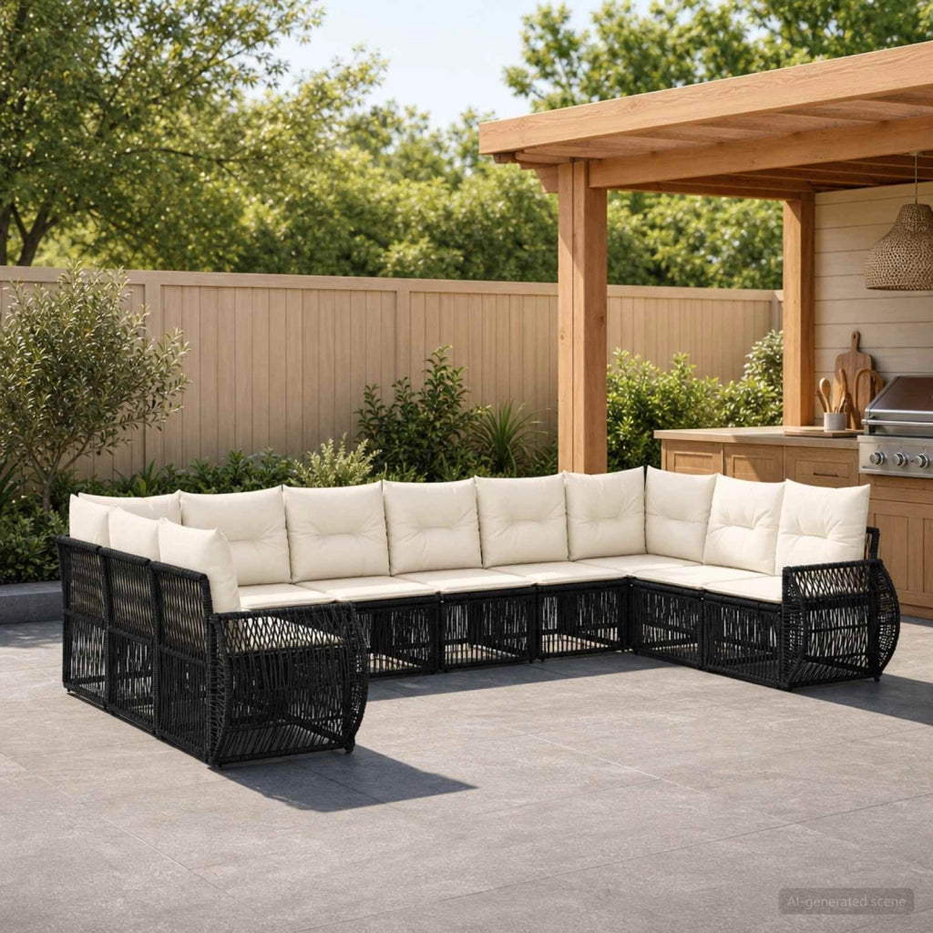 Set Divano da Giardino 10 pz Nero e Bianco Crema polyrattan 3435526