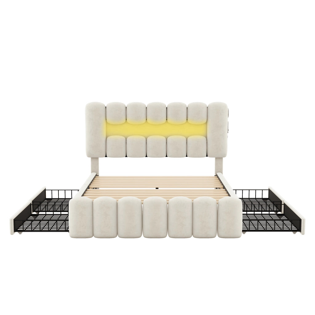 Letto imbottito con LED e stereo - Zephmum- 160x200cm- Beige- 4 cassetti