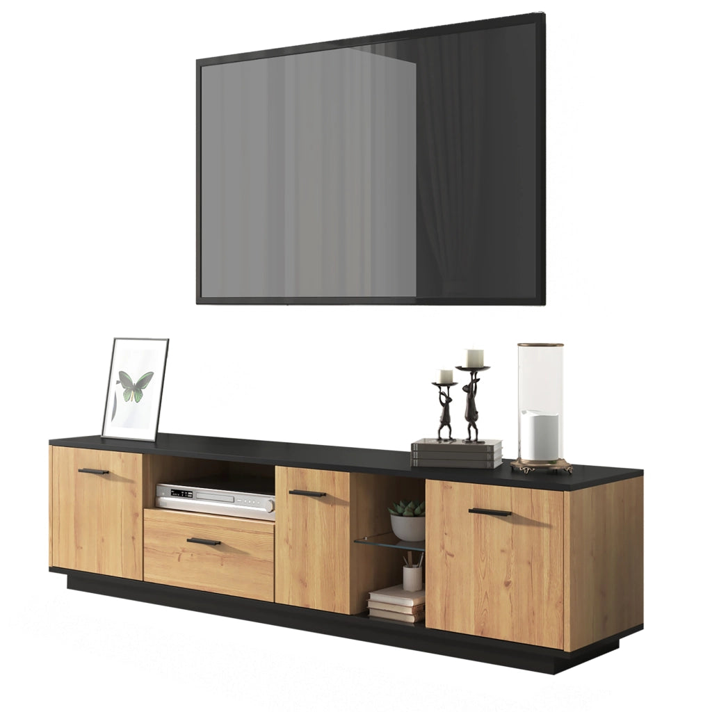 Mobile TV con cassetto e LED - Zephmum- Nero e legno naturale