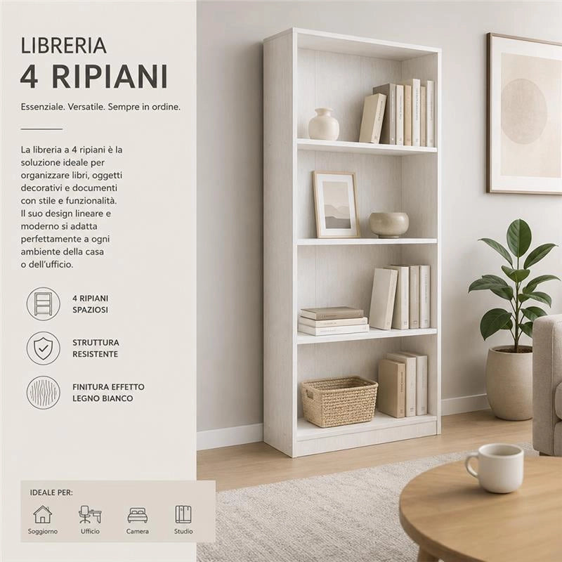 LIBRERIA MODERNA IN LEGNO BIANCO CON 4 RIPIANI DIMENSIONI 60X24X170 CM