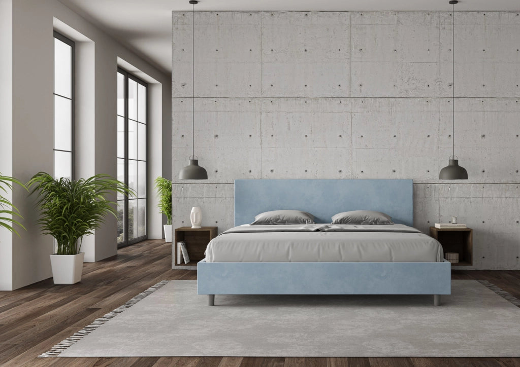 BS COM Letto matrimoniale king size contenitore imbottito 200x200 microfibra azzurro