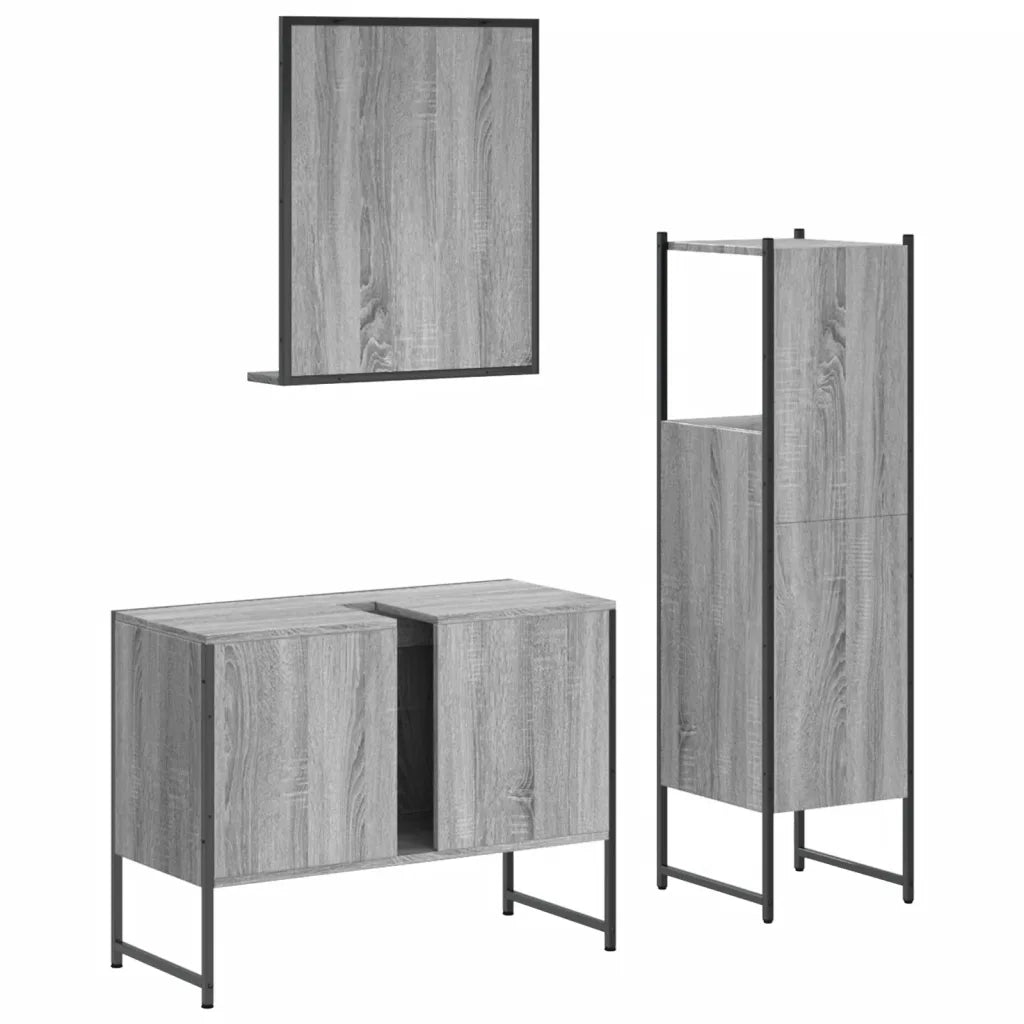 Set Mobili da Bagno | Armadio da bagno 3 pz Grigio Sonoma in Legno Multistrato