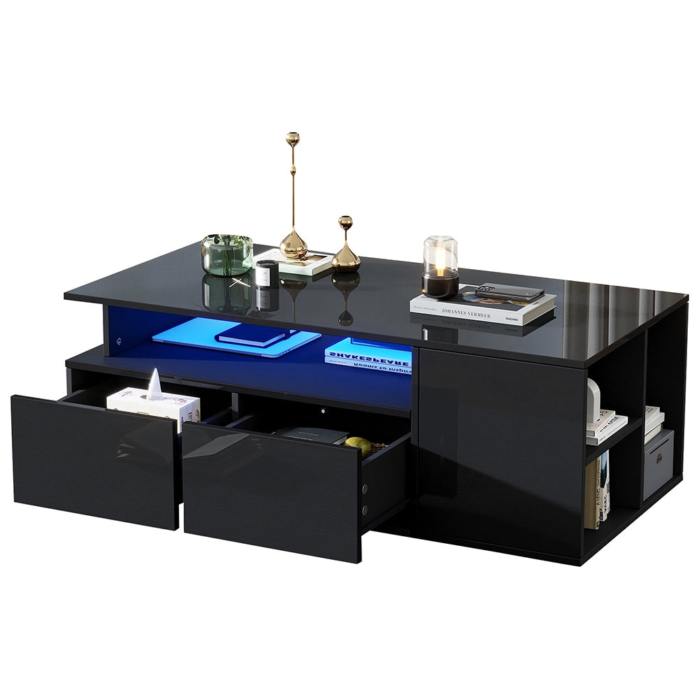Tavolino-Xylo-100x50x35cm nero 2 cassetti LED capacit?? 60kg