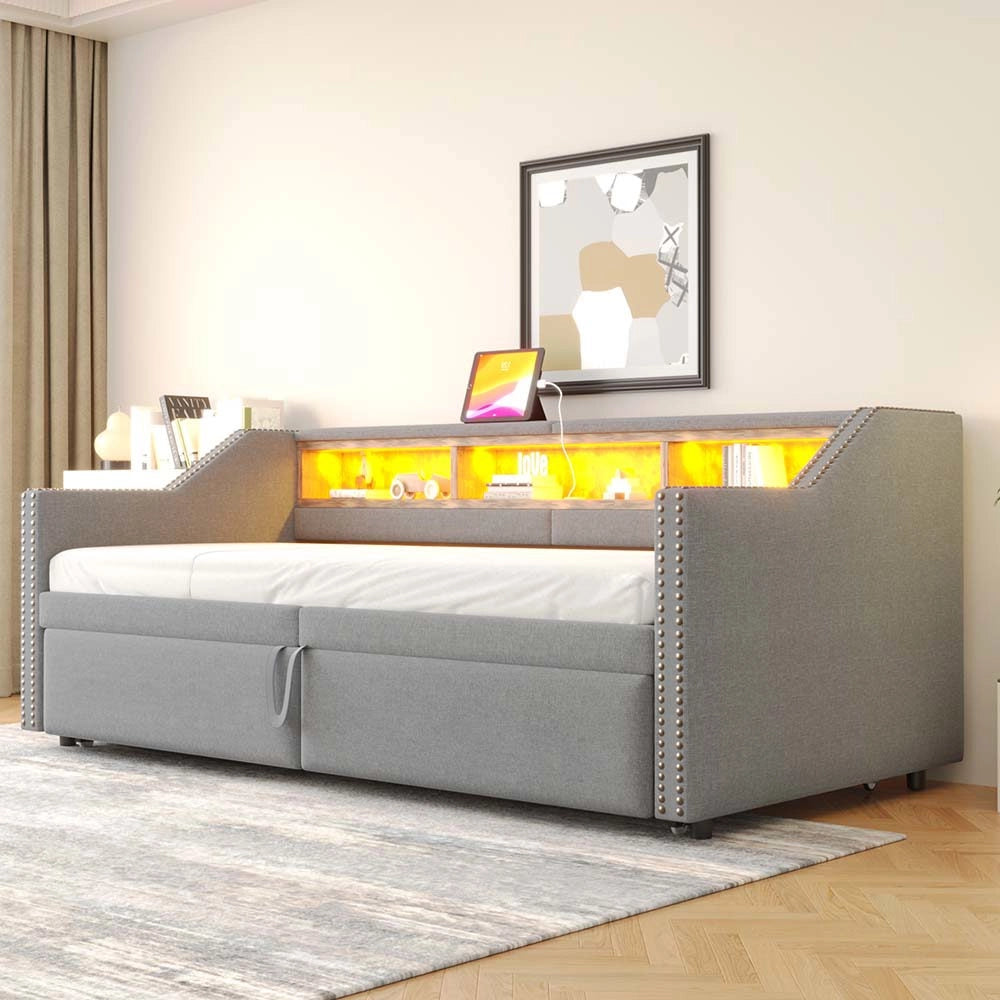 Divano letto - Xylo - 90x200 cm LED USB contenitore grigio chiaro