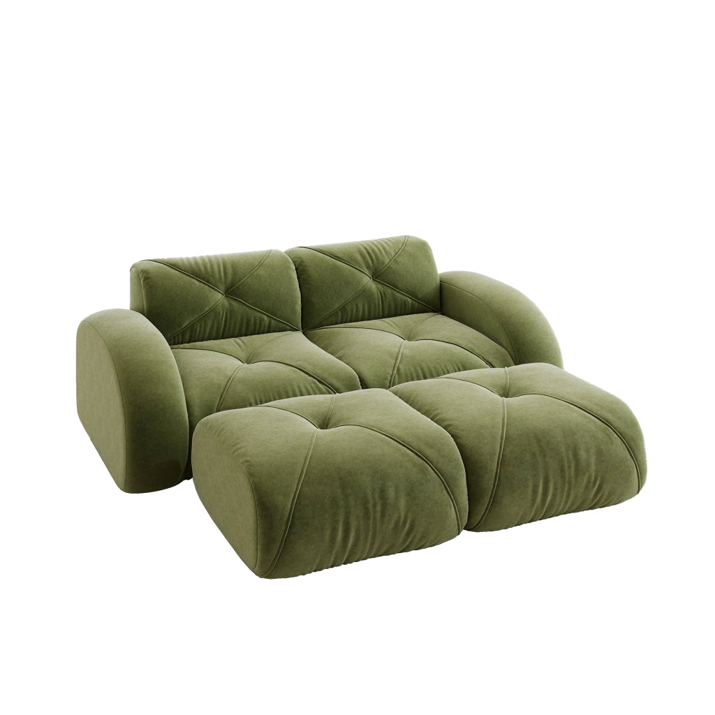 Divano modulare 2 posti con 2 pouf; schiuma 32D; tessuto chenille; verde