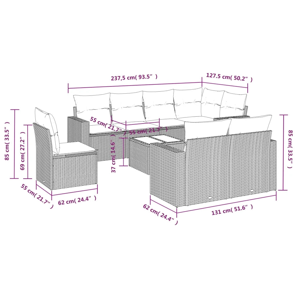 Set Divano da Giardino 9 pz con Cuscini Grigio in Polyrattan 3219240