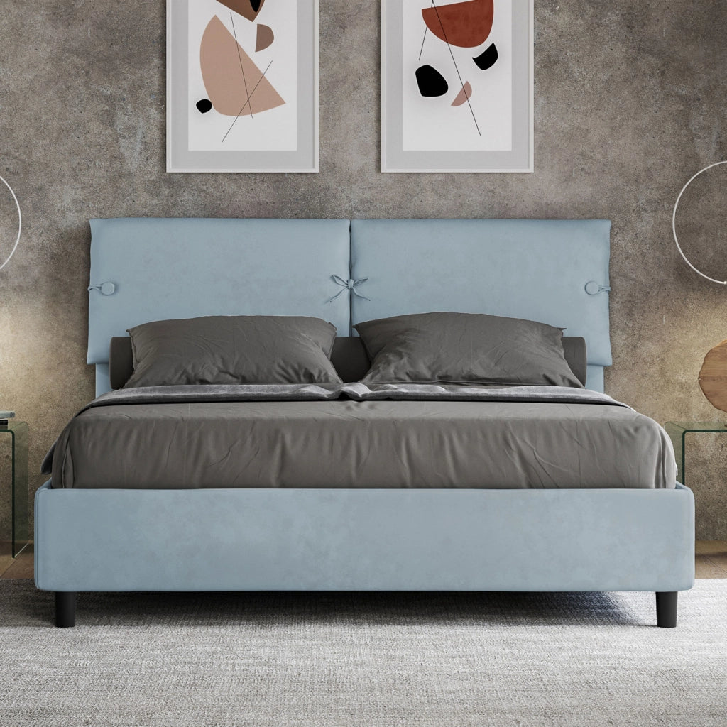 BS COM Letto matrimoniale con rete imbottito 160x210 microfibra azzurro
