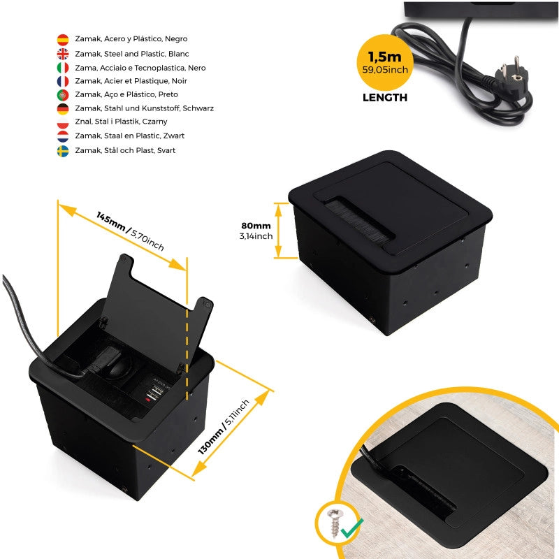 Multiconnettore da tavolo Atom 26 Lite, 225x111 mm, 2 prese Schuko, 1 USB Tipo A, 1 USB Tipo C, Zama-Acciaio-Plastica,..