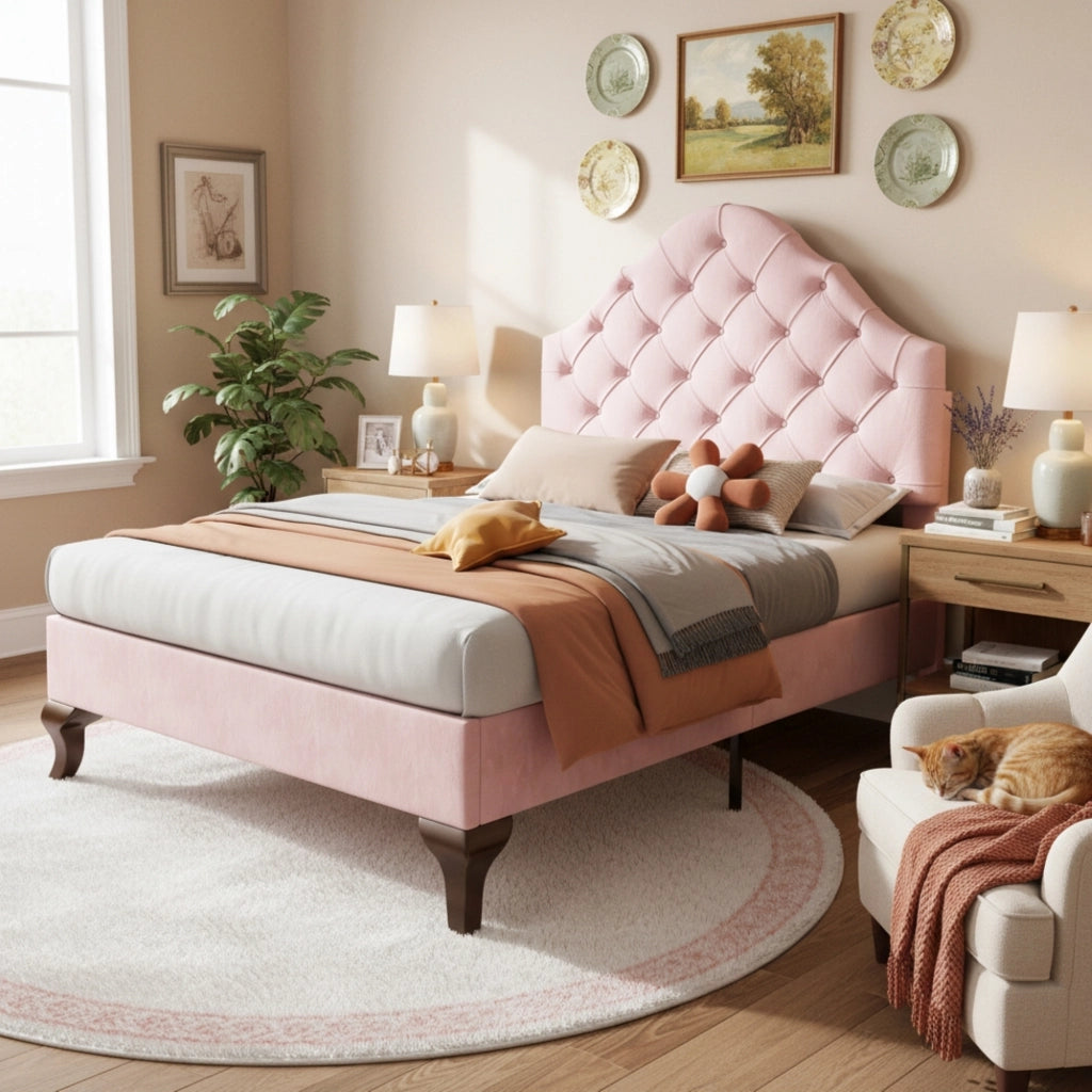 LETTO Imbottito 90x200 cm in velluto rosa con testiera regolabile