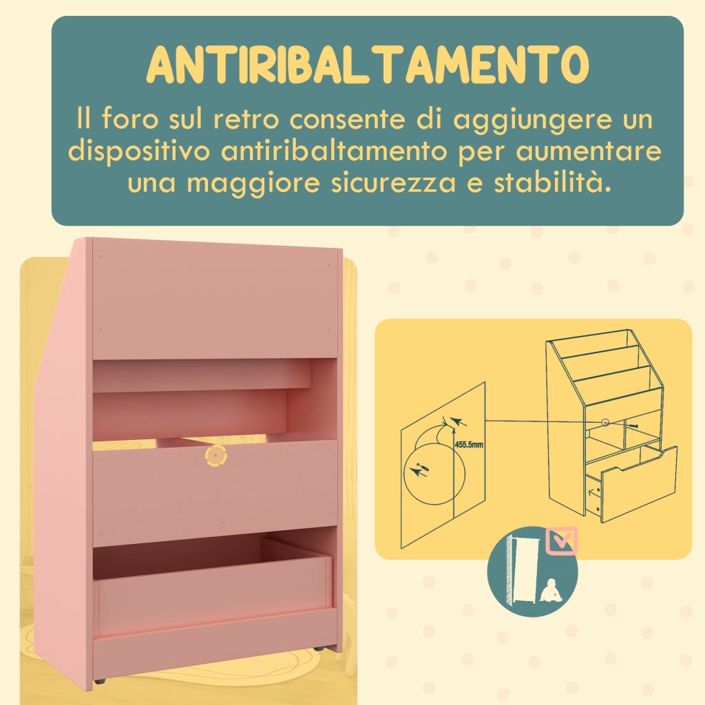 Libreria Bambini con Ripiani e Cassetto ¨C Minimal ¨C Rosa 60x30x90