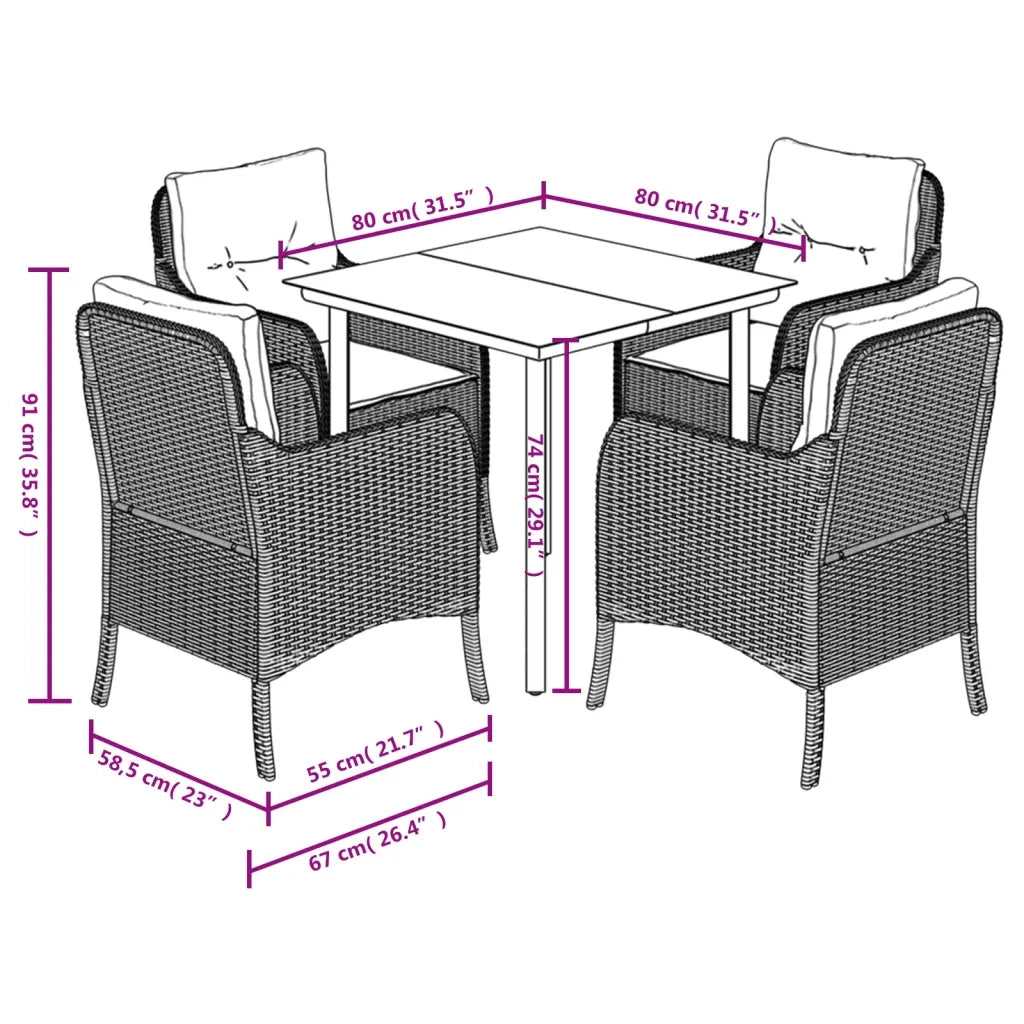 Set da Pranzo da Giardino 5 pz con Cuscini Beige in Polyrattan