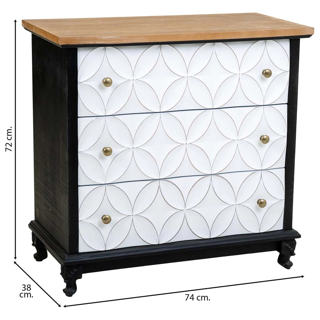 Comò in legno con 3 cassetti 74x38x72