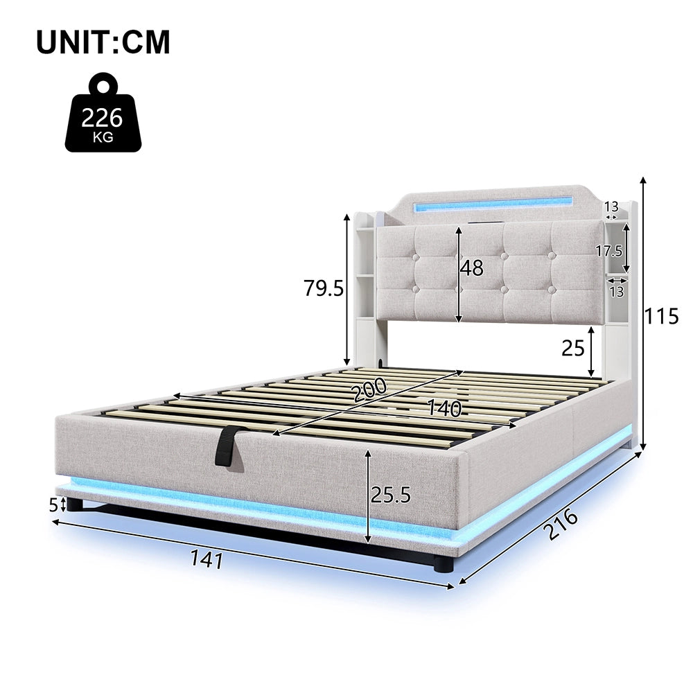Letto-Xylo-140x200 cm-LED, USB-C, scomparti, lino beige