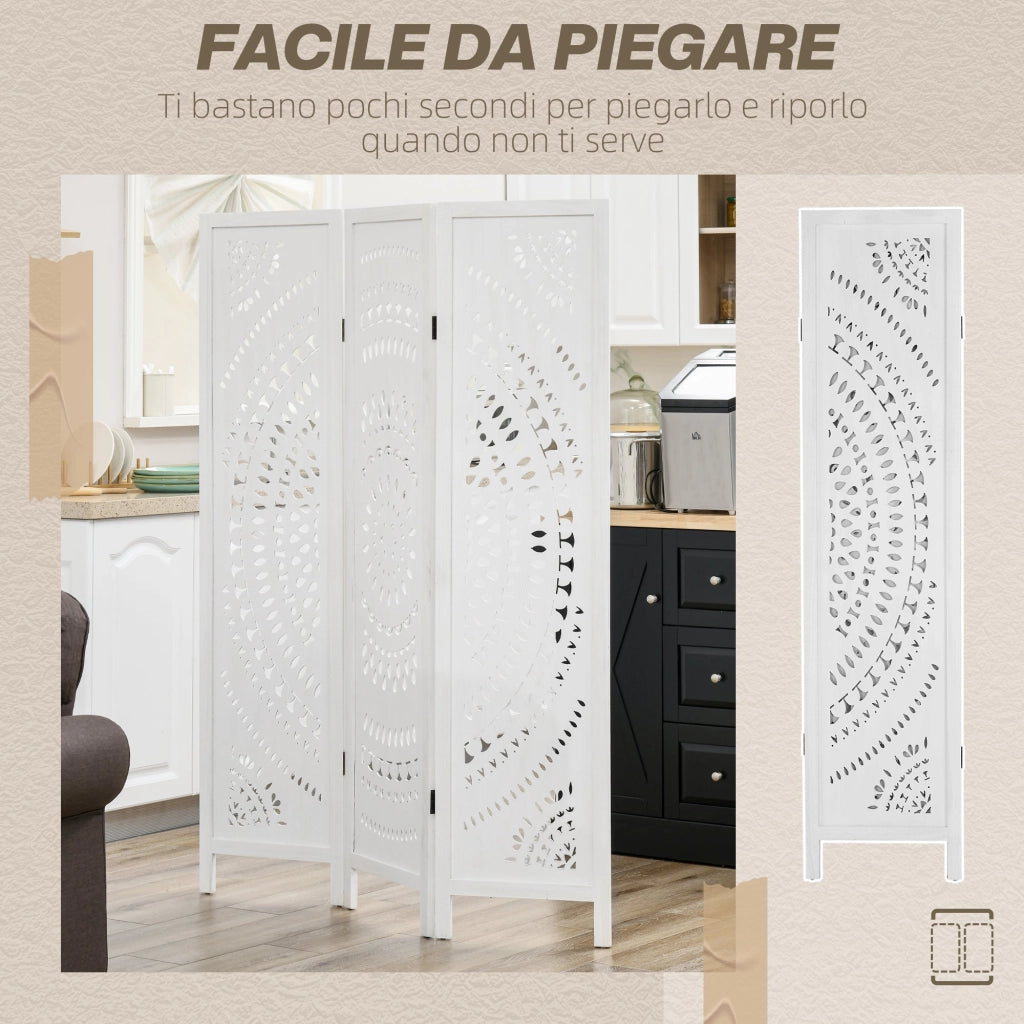 Paravento 3 Pannelli 120x170cm in Legno Intagliato Bianco
