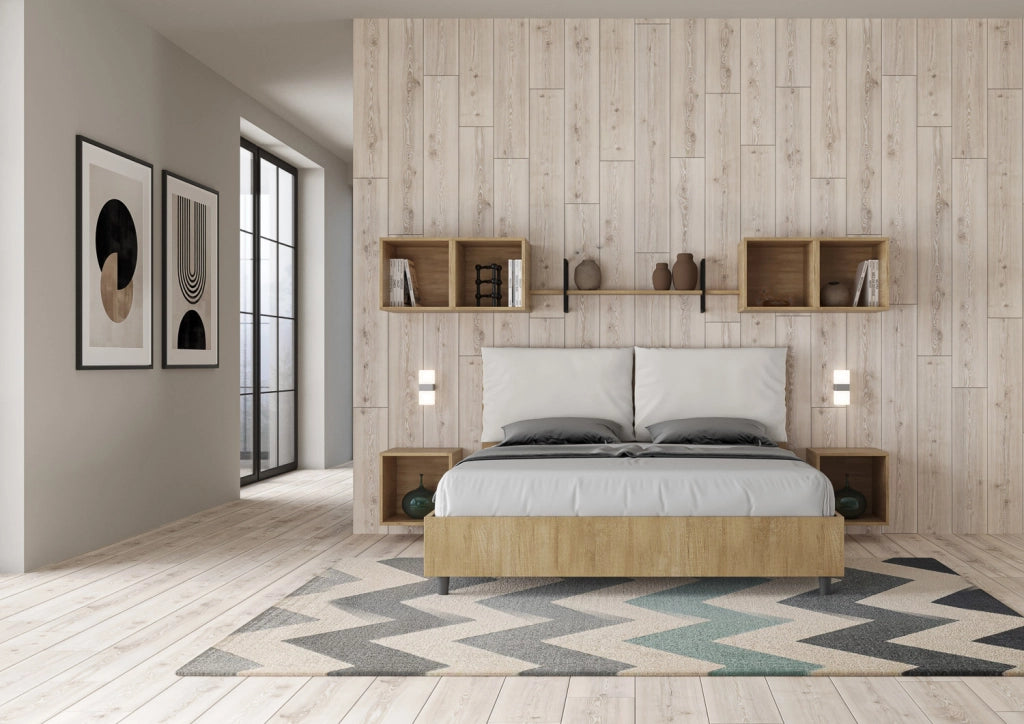 BS COM Letto matrimoniale con rete 160x200 Quercia cuscini similpelle bianco