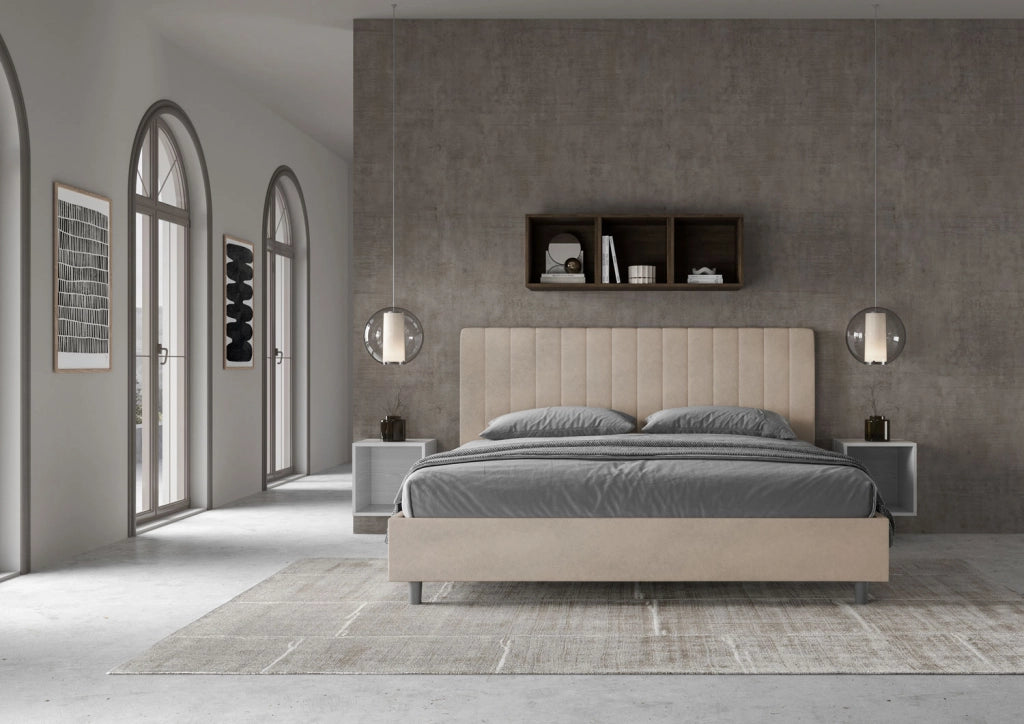 BS COM Letto matrimoniale king size contenitore imbottito 190x200 microfibra sabbia