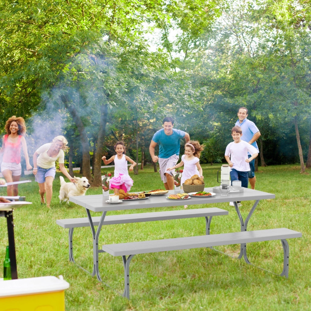 Tavolo da picnic con 2 panche da 183cm, Tavolo da pranzo con telaio in metallo piano in HDPE foro per ombrellone Grigio-Tavoli e sedie da campeggio