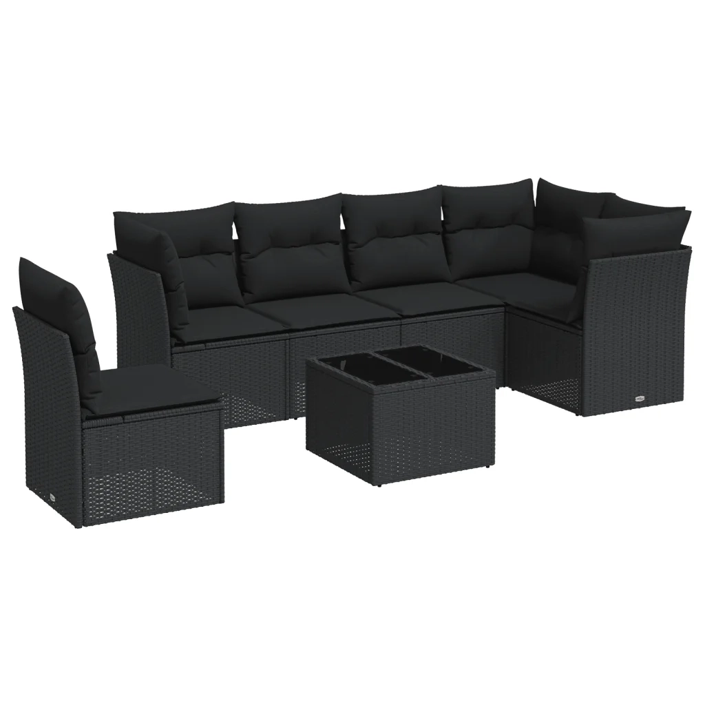 Set Divani da Giardino con Cuscini 7pz Nero Polyrattan