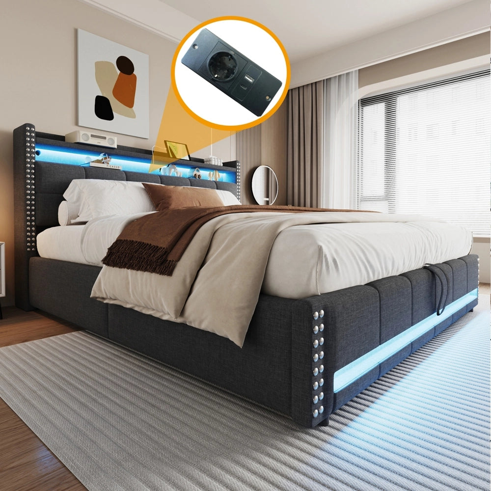 Letto matrimoniale - Xylo - 180x200 cm LED lino grigio