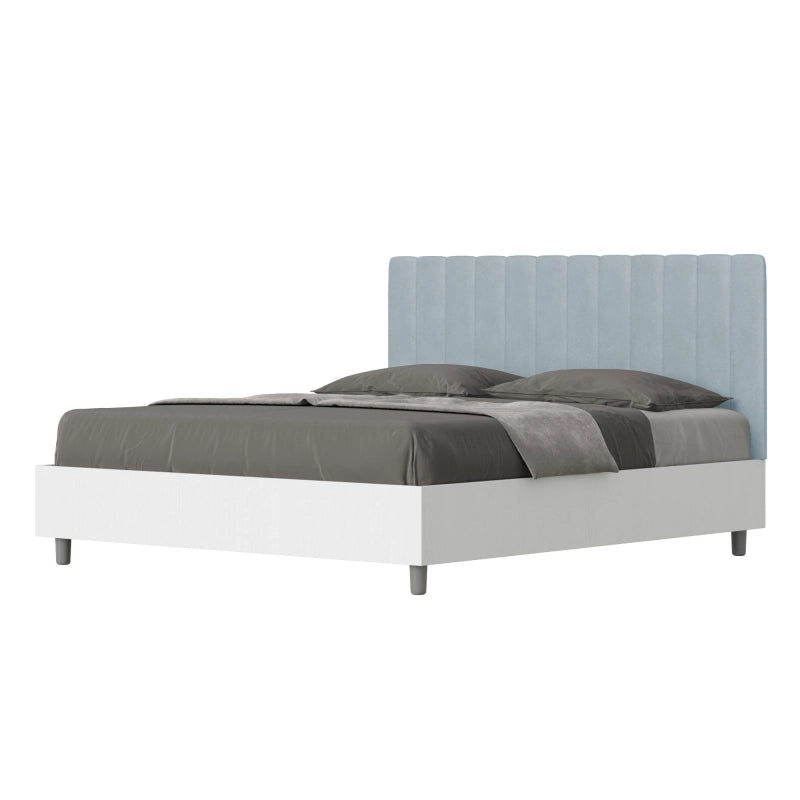 Letto Matrimoniale 160x190 cm struttura bianco frassino testata Kaia - Con rete,Microfibra,Azzurro