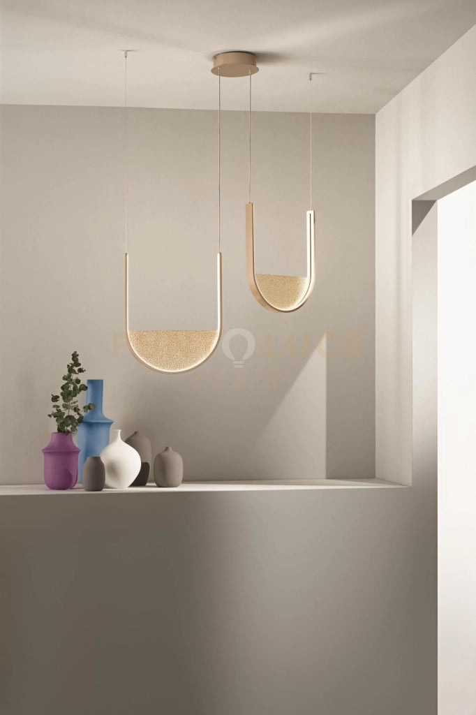 SOSPENSIONE LOTUS 2 ORO CON VETRO AMBRA L.40+36CM LED 3000K 3256LM 55W DIMMERABILE