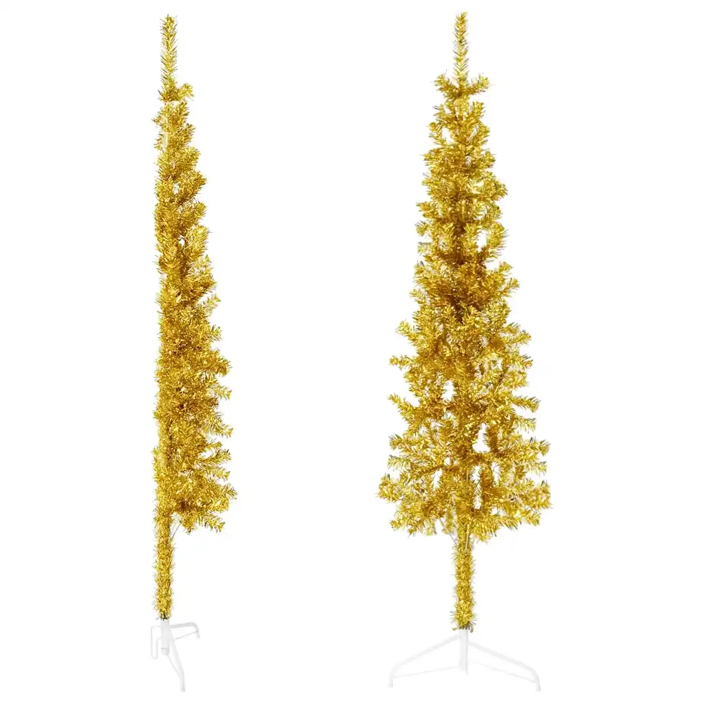 Albero Natale Artificiale Sottile a Met¨¤-Albero Natalizio con Supporto Oro 150cm