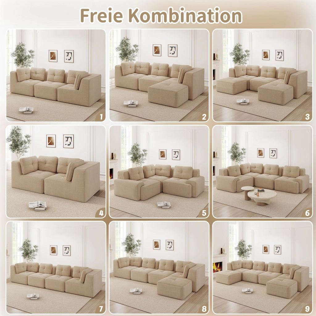 Divano angolare modulare componibile senza montaggio con seduta profonda e braccioli larghi in velluto a coste beige