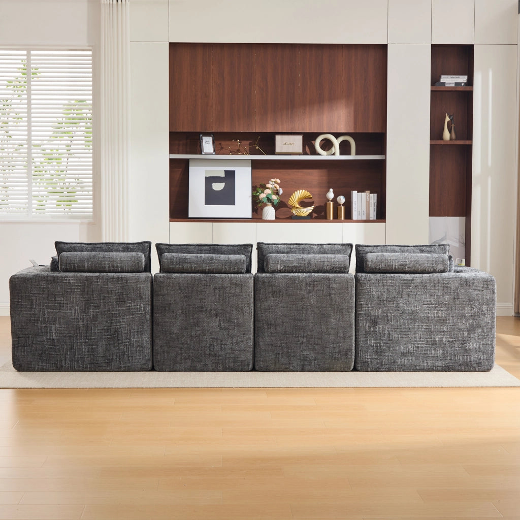 Divano 4 Posti con Poggiapiedi, Cuscini e Portabicchieri ¨C MINIMAL ¨C Grigio Chenille