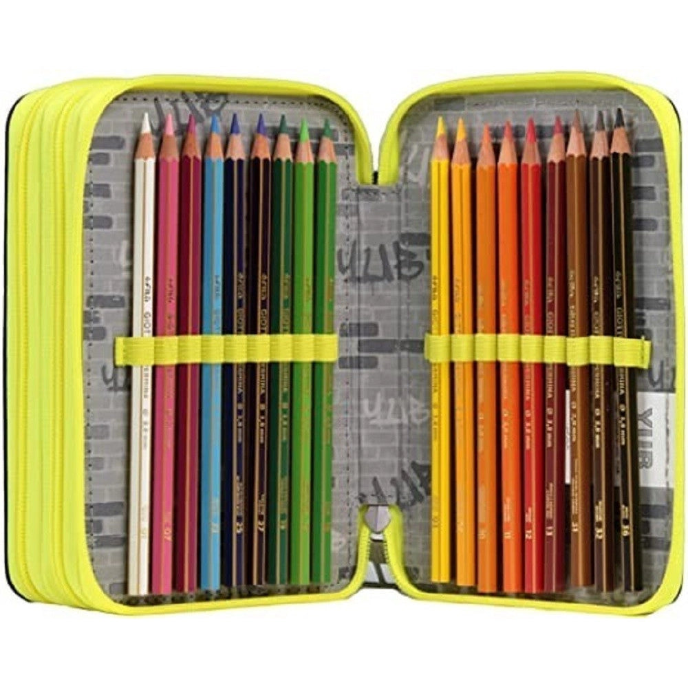 Trade Shop - Astuccio Triplo 3 Cerniere Yub Murales Black Accessorio Scuola Portapastelli -