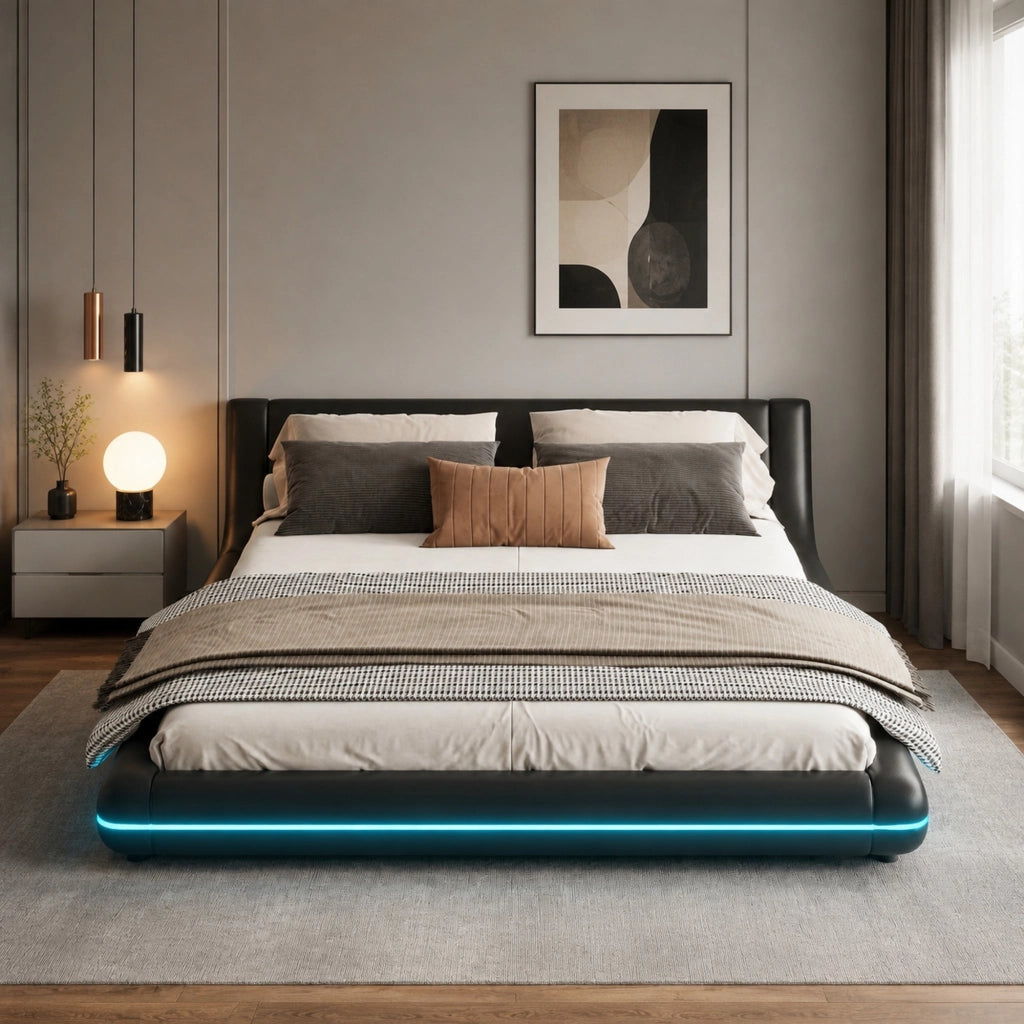 Letto basso 160x200 cm in PU e MDF con LED ambientale, nero