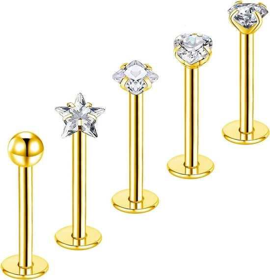 Set di 5 lippiercings in argento e oro, 10 mm, 16 g