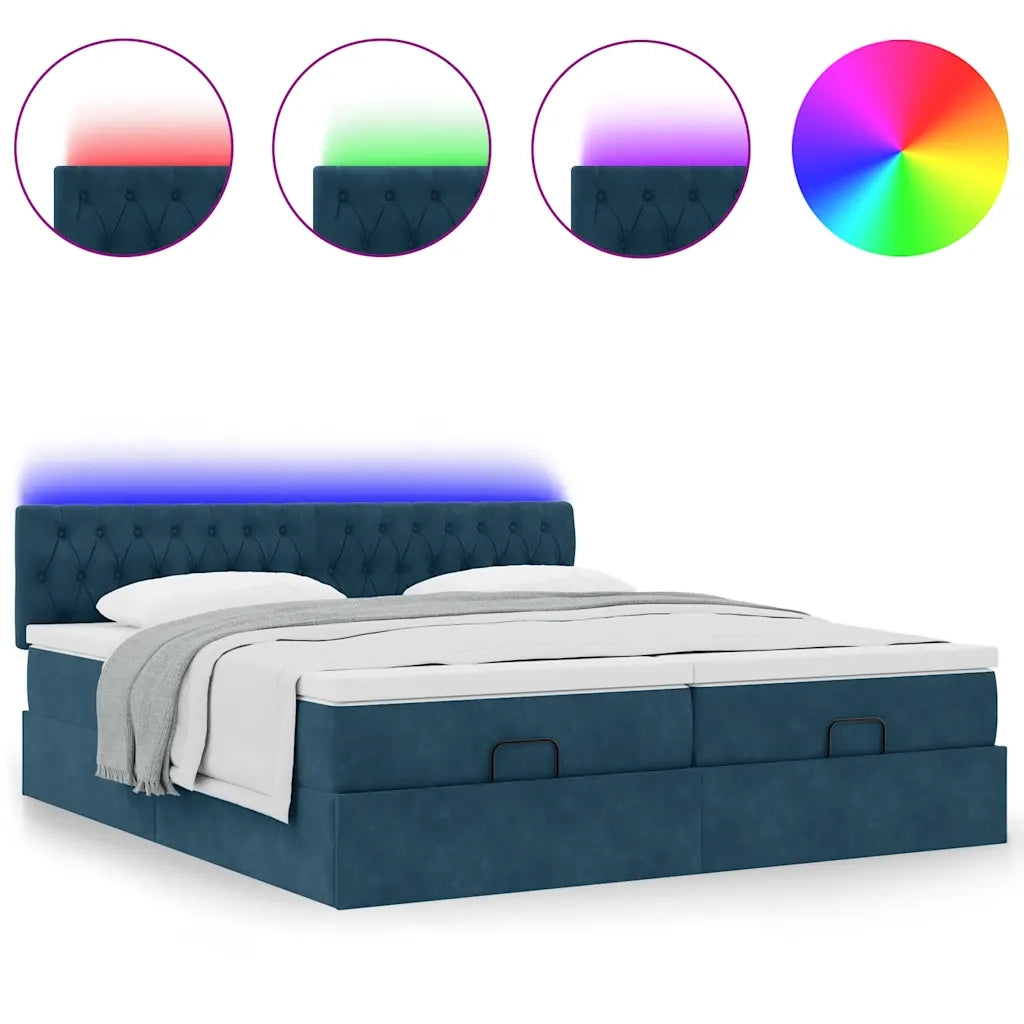 Pouf Letto con Materassi e LED Blu Scuro 200x200cm Velluto