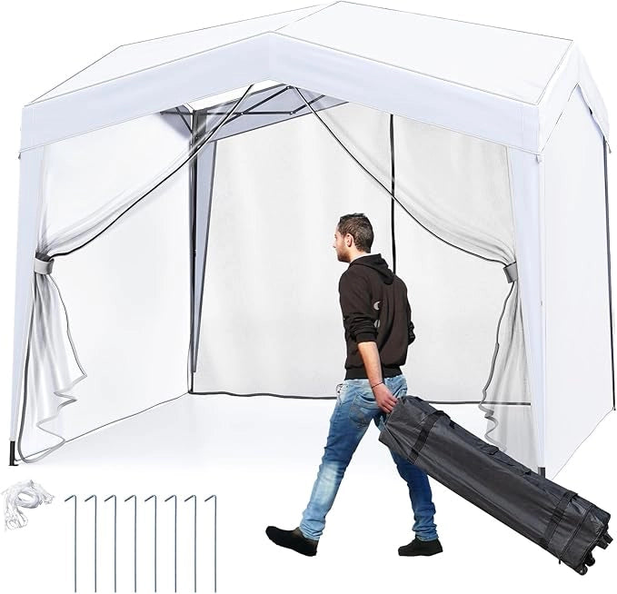 Gazebo Pop-up da Esterno 302 x 302 cm, Gazebo Pieghevole con 4 Pareti Laterali, Rete a Maglia, Borsa con Ruote, 8 Picchetti e 4 Corde Antivento, Tendone Impermeabile per Spiaggia e Cortile