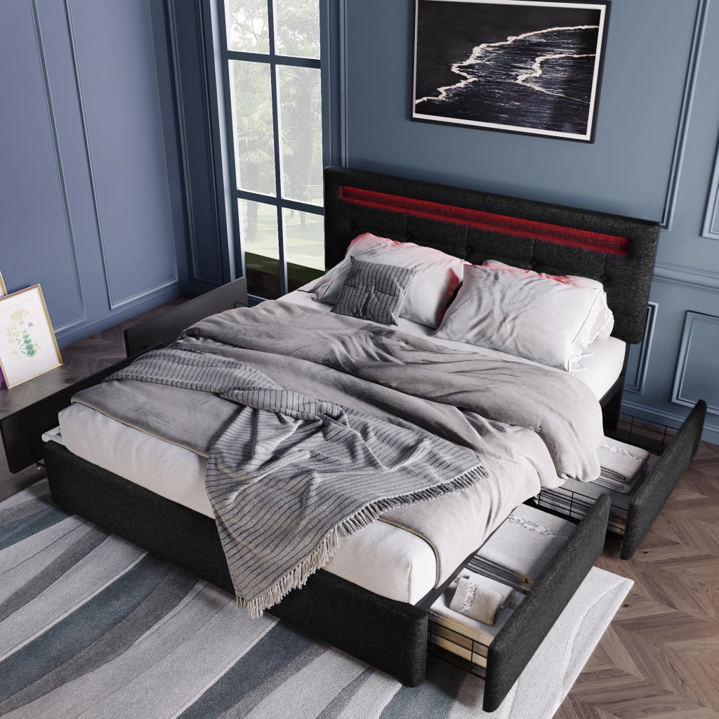 LETTO matrimoniale 140x200 cm in lino nero con LED e 4 cassetti