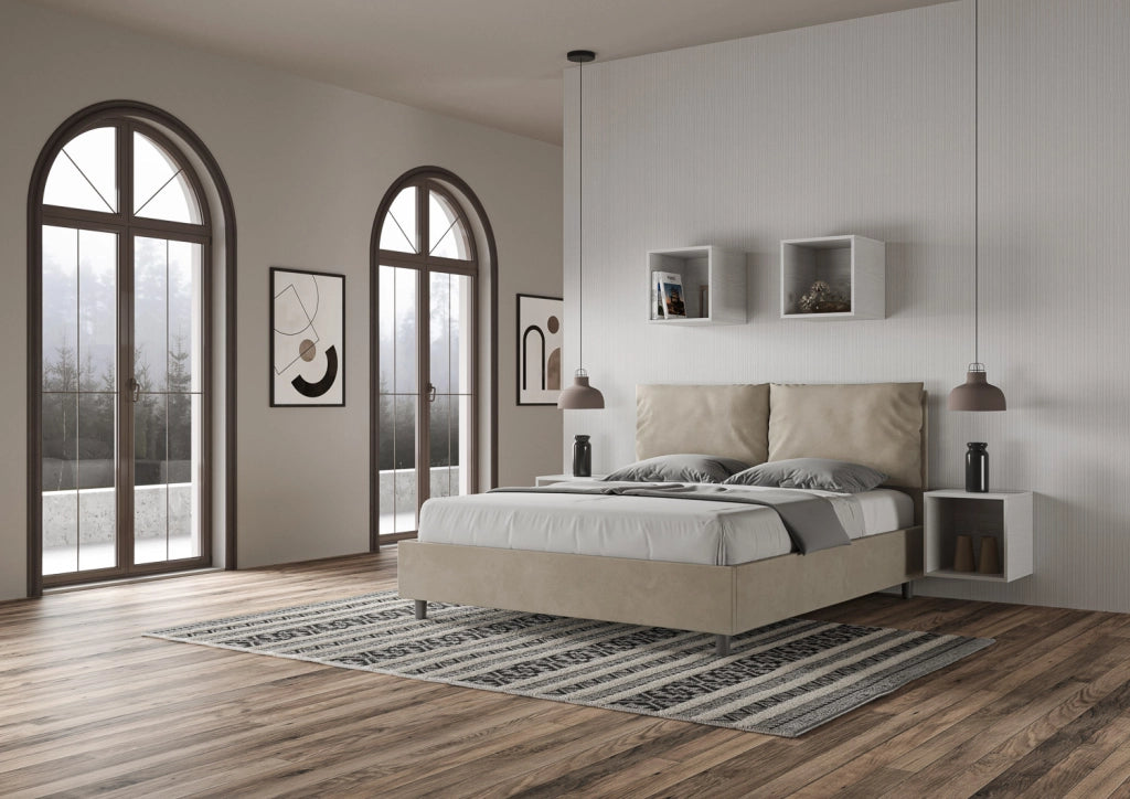 BS COM Letto matrimoniale senza rete imbottito 160x200 microfibra sabbia