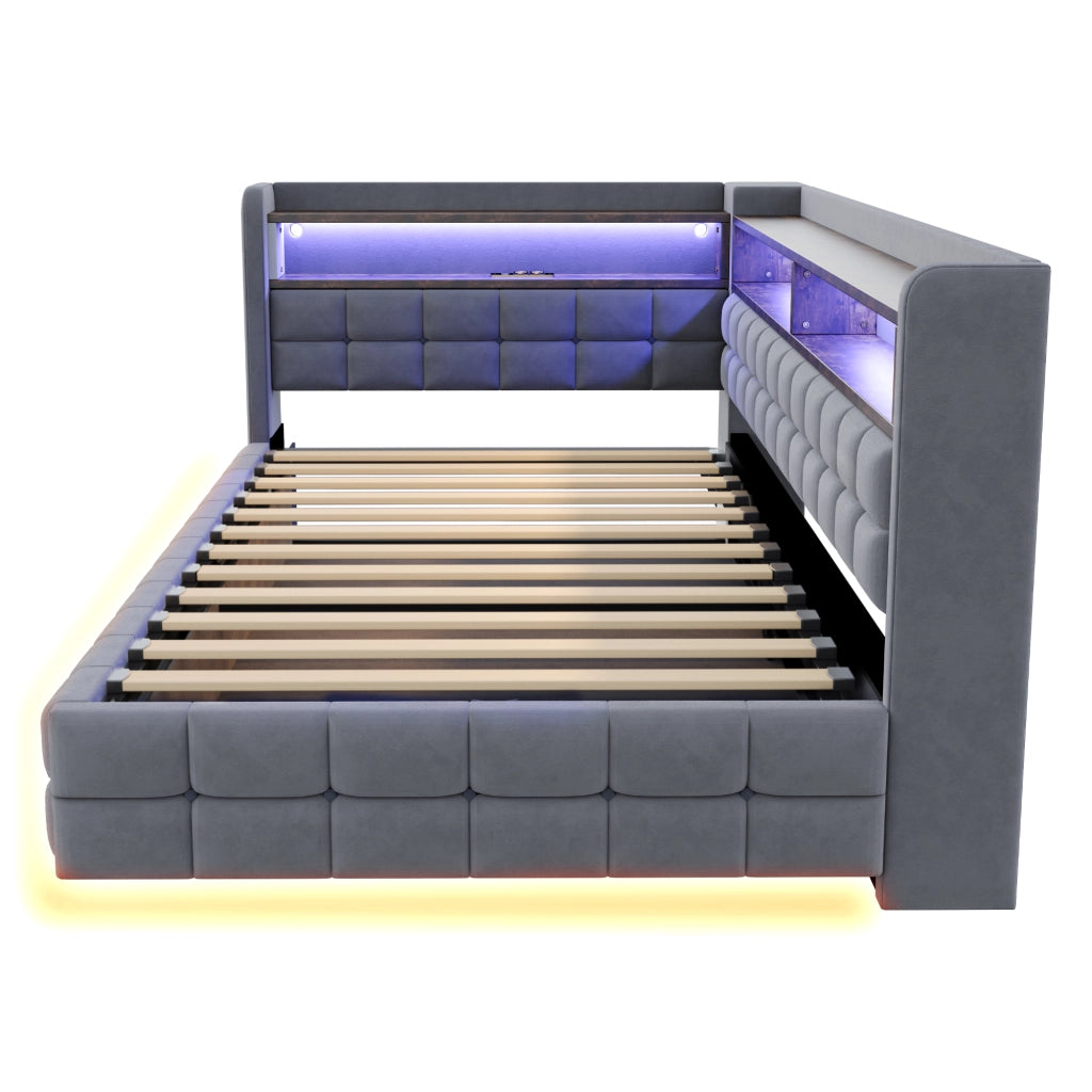 LETTO Contenitore 90x200 cm in velluto grigio chiaro con LED e prese USB/Type-C