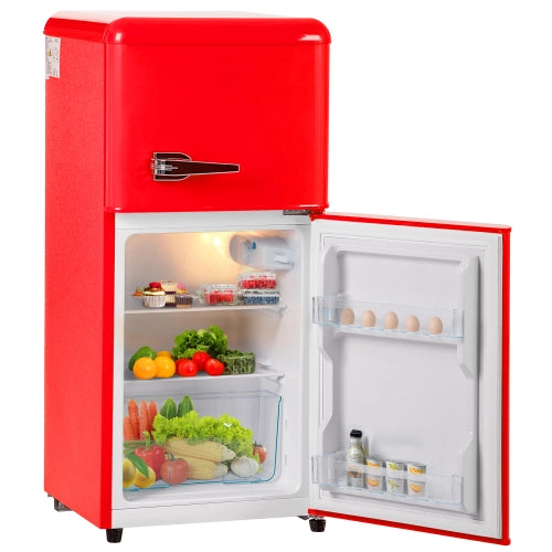 Frigorifero retro; congelatore; doppia porta; volume totale 60L; scompartimento congelatore da 22L; luce LED; efficiente energetico; rosso
