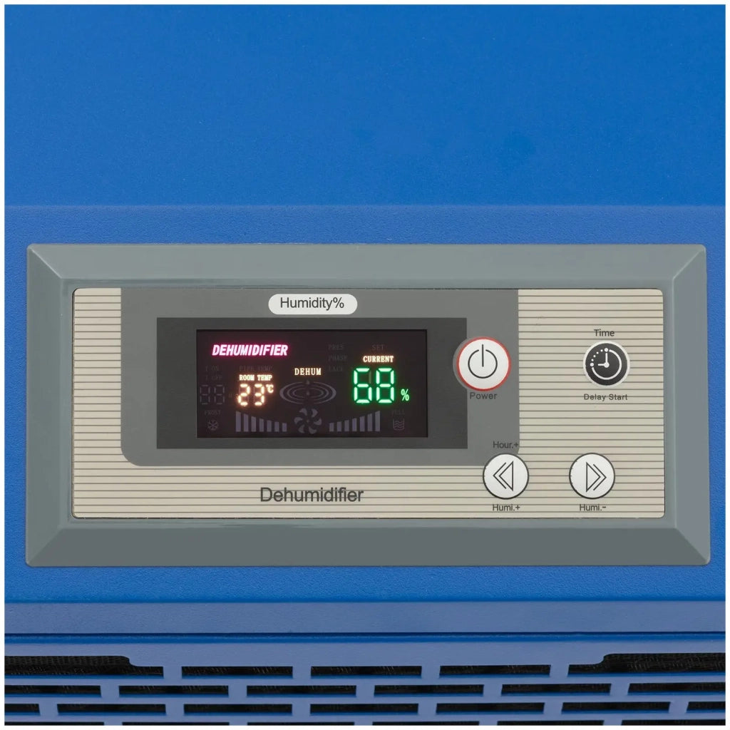 Deumidificatore professionale 60 litri al giorno 90 m² 480 m³/h capacità 7,5 L con impugnatura in gomma corpo in acciaio blu e giallo 14_0008880
